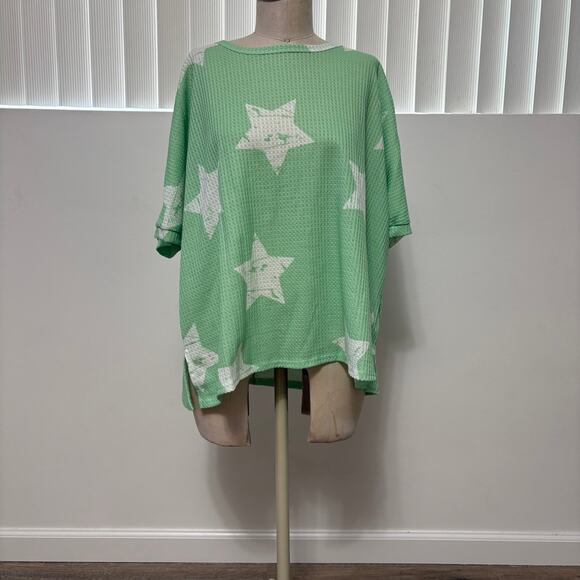 HOPELY Boutique Mint Green Star Print Pattern Oversized Waffle Knit Top Medium - Picture 3 of 6